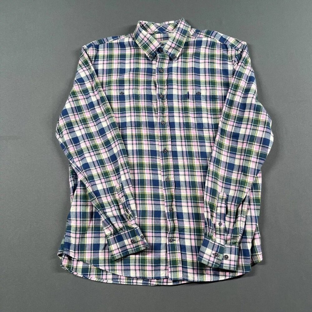 Johnnie O Shirt Men Large Green Pink Plaid Button Down Logo Hangin Out Top Shelf
